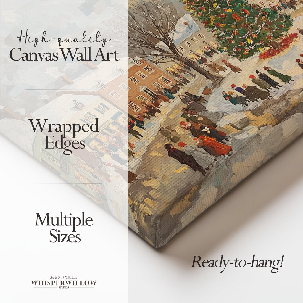 Winter Canvas Wall Art | Vintage Christmas Village Town Square Scene | Holiday Home Decor Gift