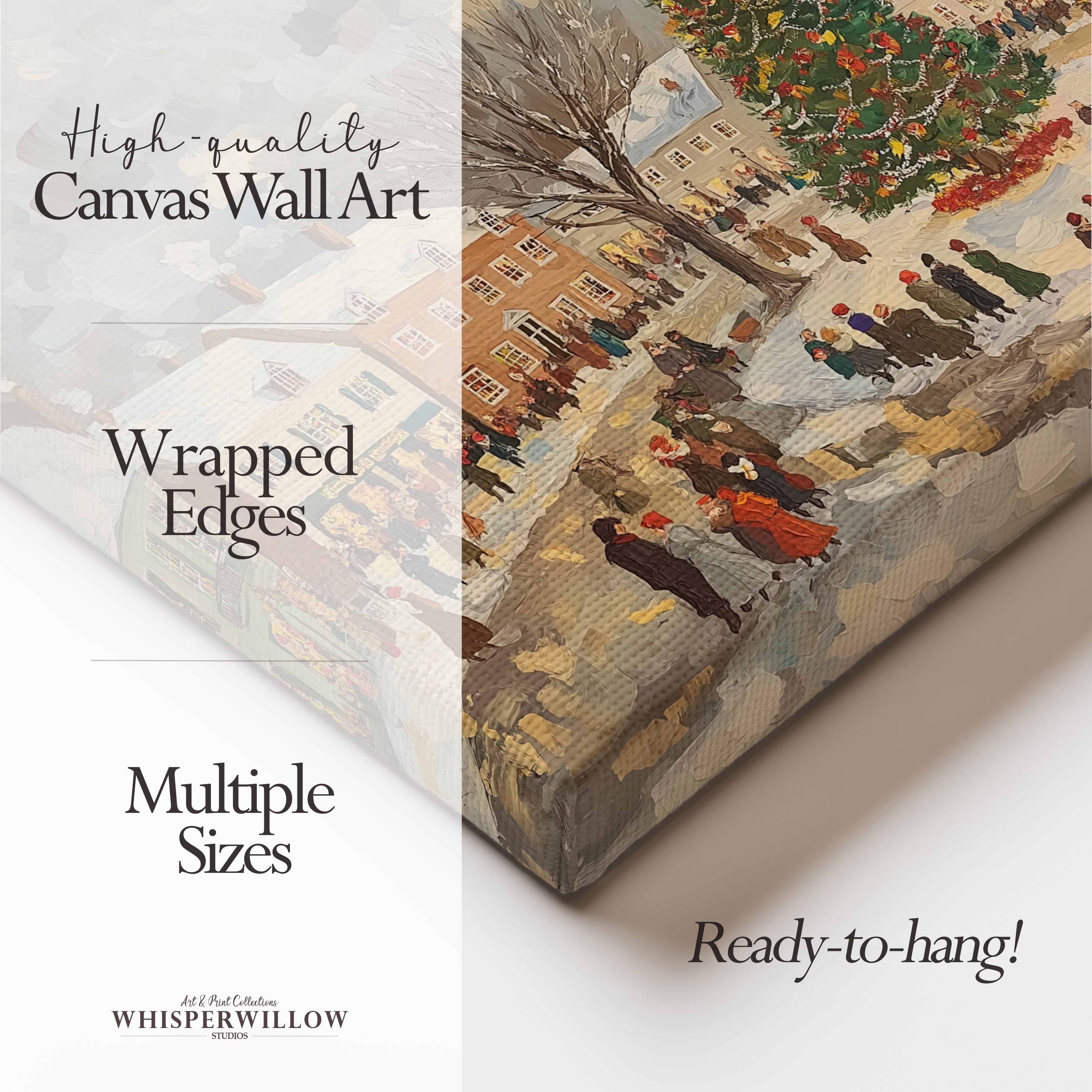 Winter Canvas Wall Art | Vintage Christmas Village Town Square Scene | Holiday Home Decor Gift