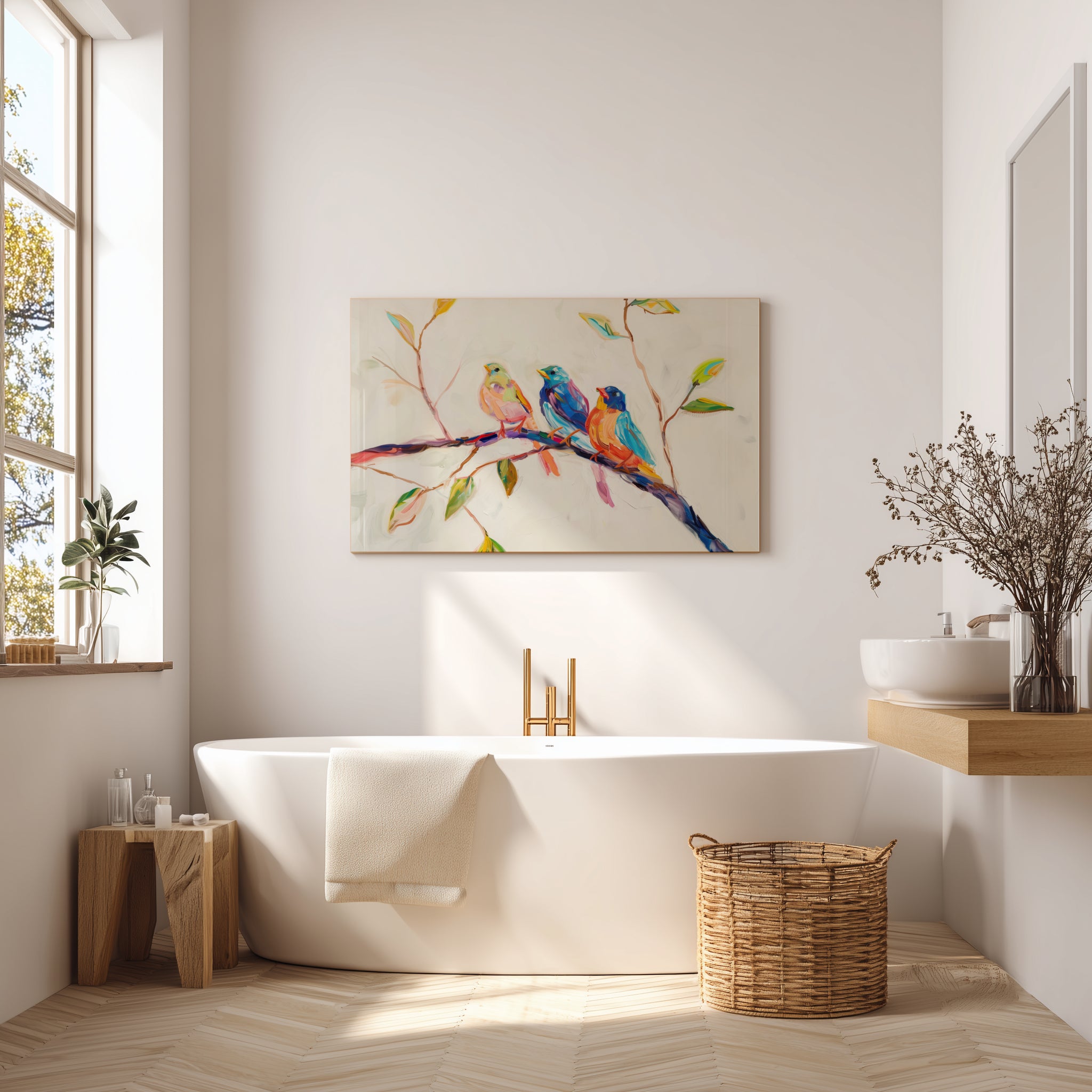 Colorful Birds Canvas Wall Art | Vibrant Tree Branch Wildlife | Abstract Animal Decor