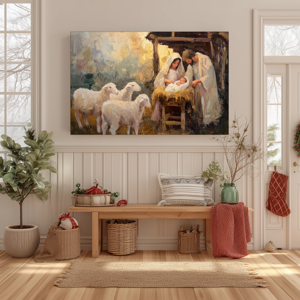 Christmas Nativity Scene Canvas Wall Art - Holy Family Baby Jesus Manger with Sheep