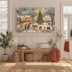 Winter Canvas Wall Art | Vintage Christmas Village Town Square Scene | Holiday Home Decor Gift