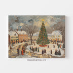 Vintage Winter Village and Christmas Tree Scene Canvas Wall Art Holiday Home Decor Gift