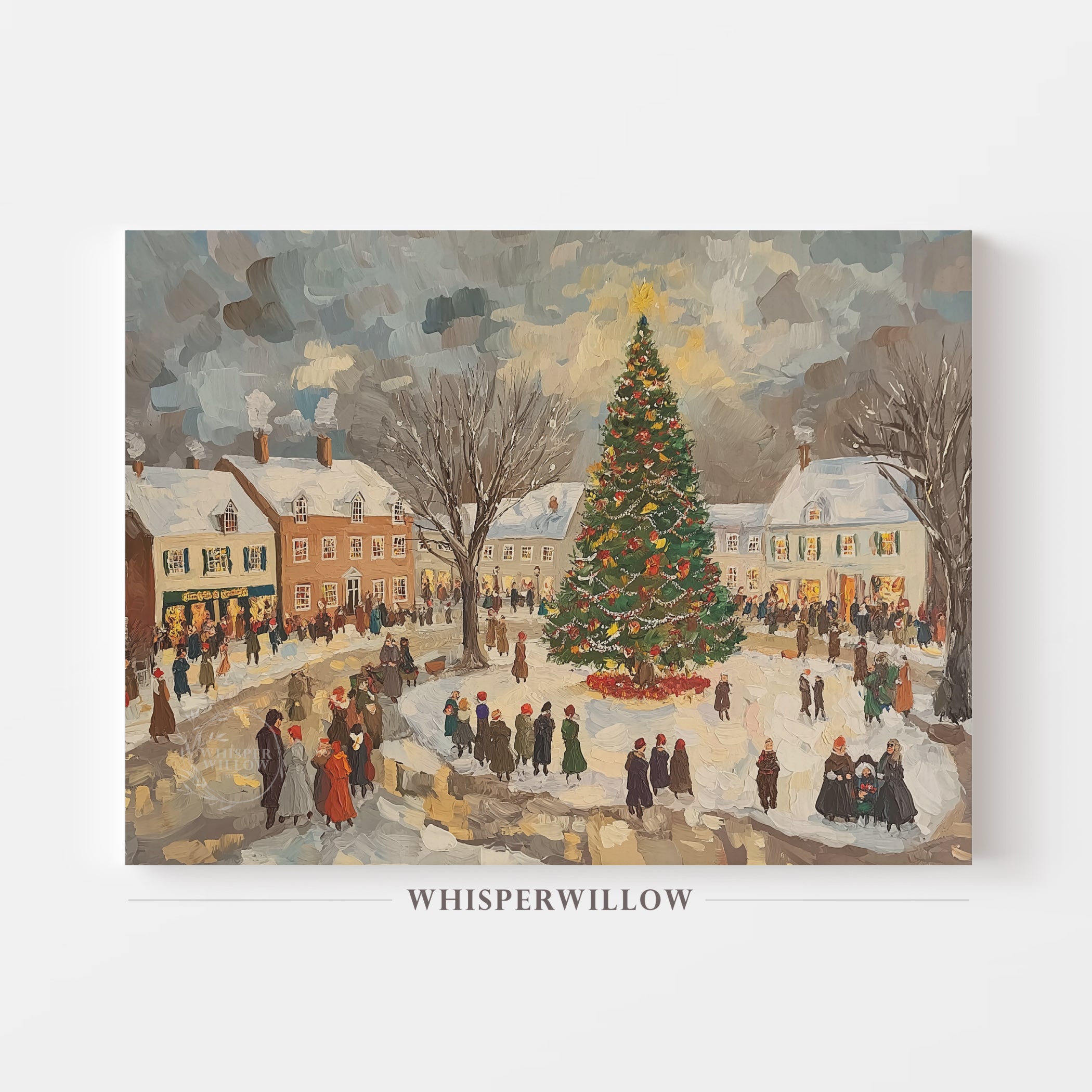 Vintage Winter Village and Christmas Tree Scene Canvas Wall Art Holiday Home Decor Gift