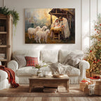 Christmas Nativity Scene Canvas Wall Art - Holy Family Baby Jesus Manger with Sheep