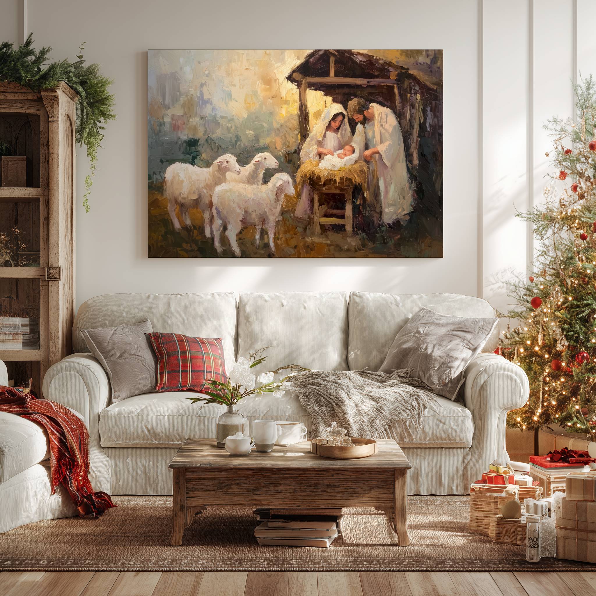 Weihnachtskrippe als Leinwandbild – Heilige Familie, Jesuskind, Krippe mit Schafen