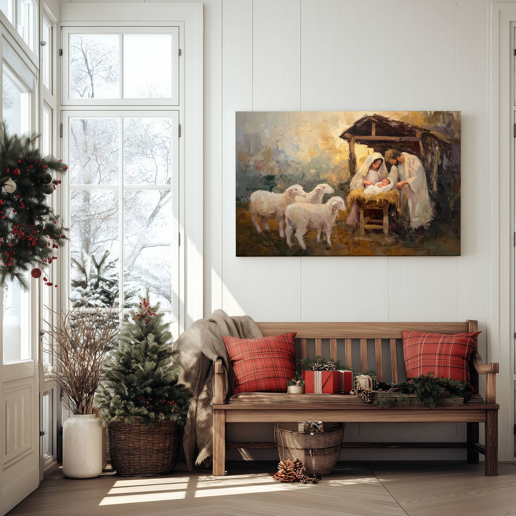 Christmas Nativity Scene Canvas Wall Art - Holy Family Baby Jesus Manger with Sheep