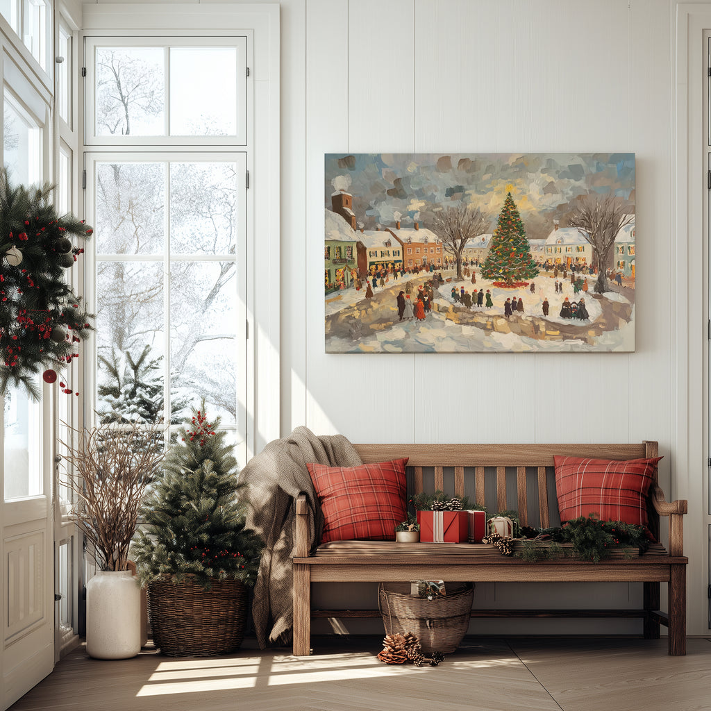 Winter Canvas Wall Art | Vintage Christmas Village Town Square Scene | Holiday Home Decor Gift