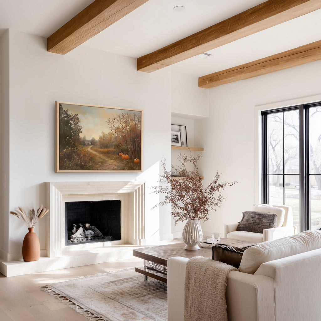 Vintage-Leinwandbild mit Kürbismotiv – Herbstlicher Bauernhaus-Landweg