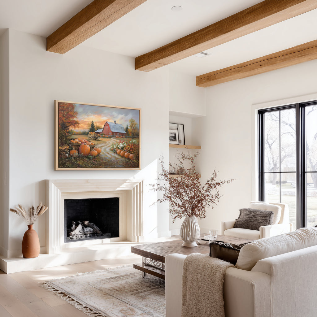 Rustikales Leinwandbild mit roter Scheune | Herbstlicher Kürbisbauernhof-Druck | Herbstliche Landschaft