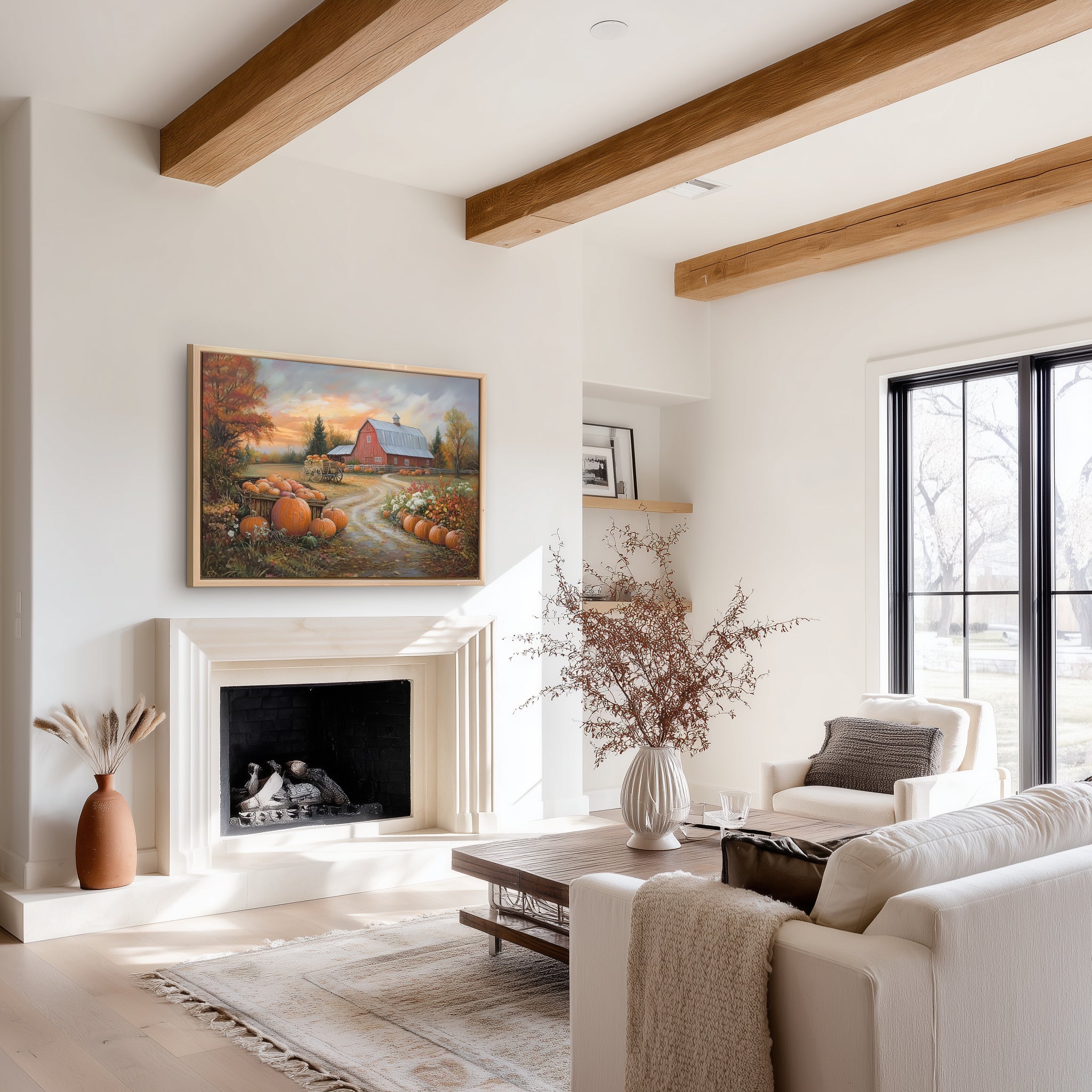 Rustikales Leinwandbild mit roter Scheune | Herbstlicher Kürbisbauernhof-Druck | Herbstliche Landschaft