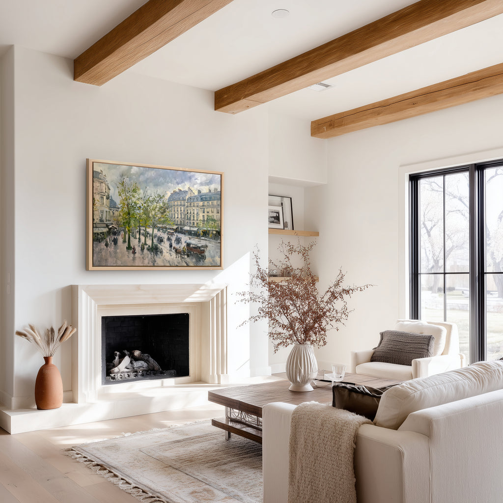 Paris Street Scene Canvas Wall Art | Vintage Horse Carriage Print | 1880s European Architecture