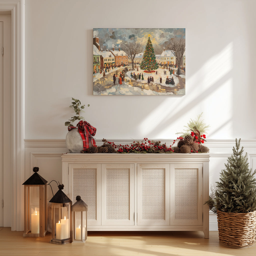 Winter Canvas Wall Art | Vintage Christmas Village Town Square Scene | Holiday Home Decor Gift