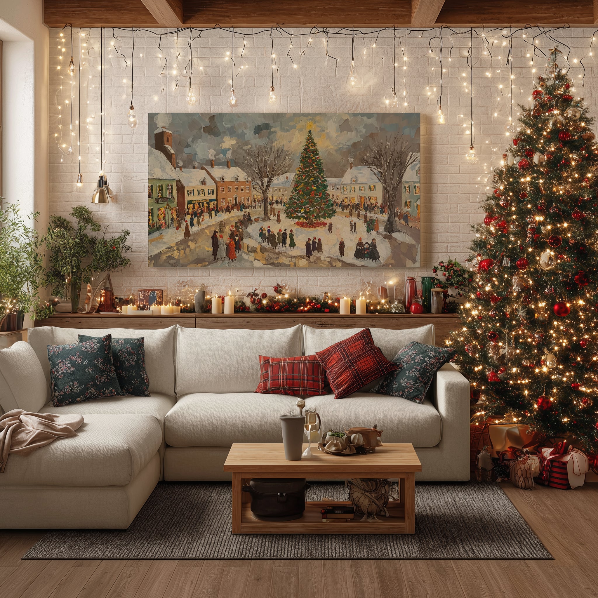 Winter Canvas Wall Art | Vintage Christmas Village Town Square Scene | Holiday Home Decor Gift
