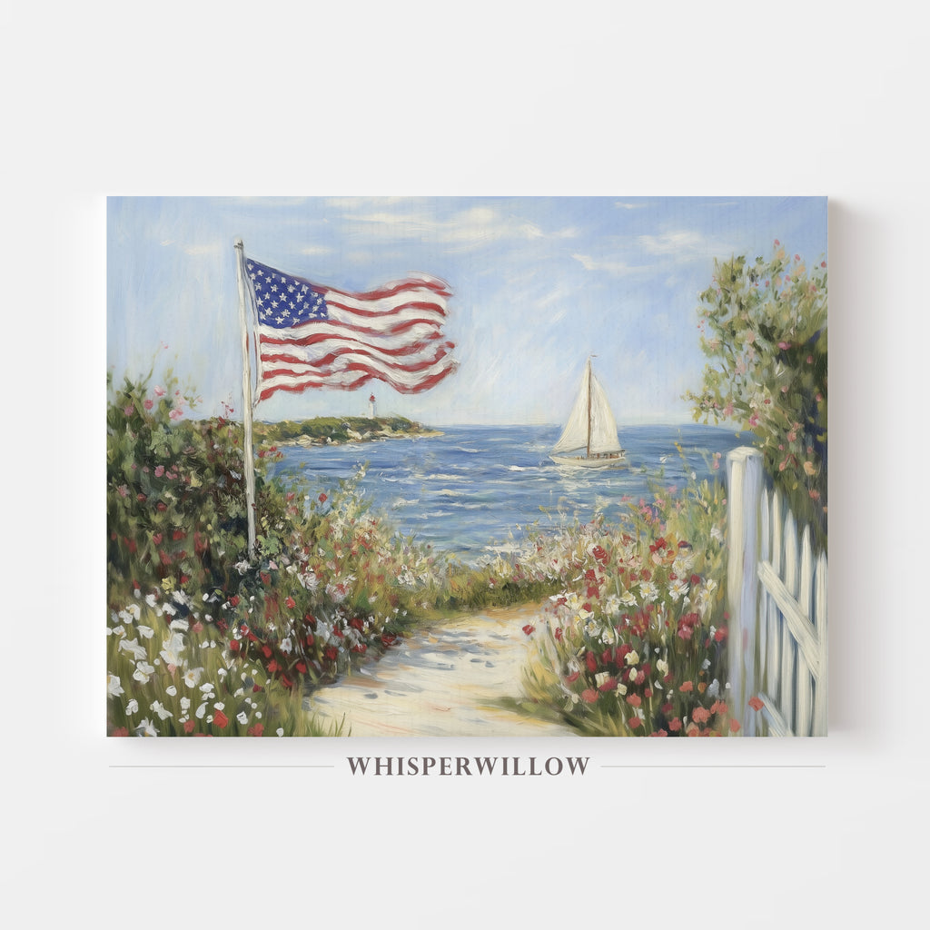 Patriotisches Wandbild im Küstenstil | Segelboot mit amerikanischer Flagge und Leuchtturm | Sommerdeko zum 4. Juli