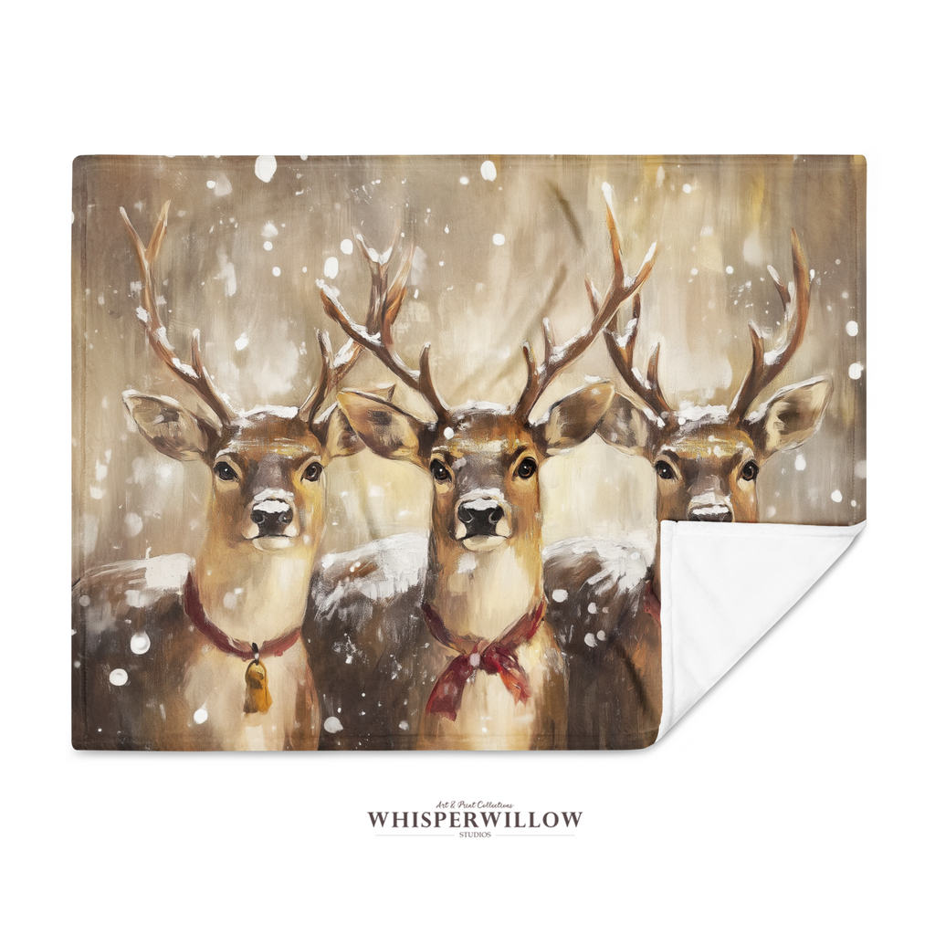 Winter Reindeer Trio Throw Blanket - Snowy Woodland Christmas Gift