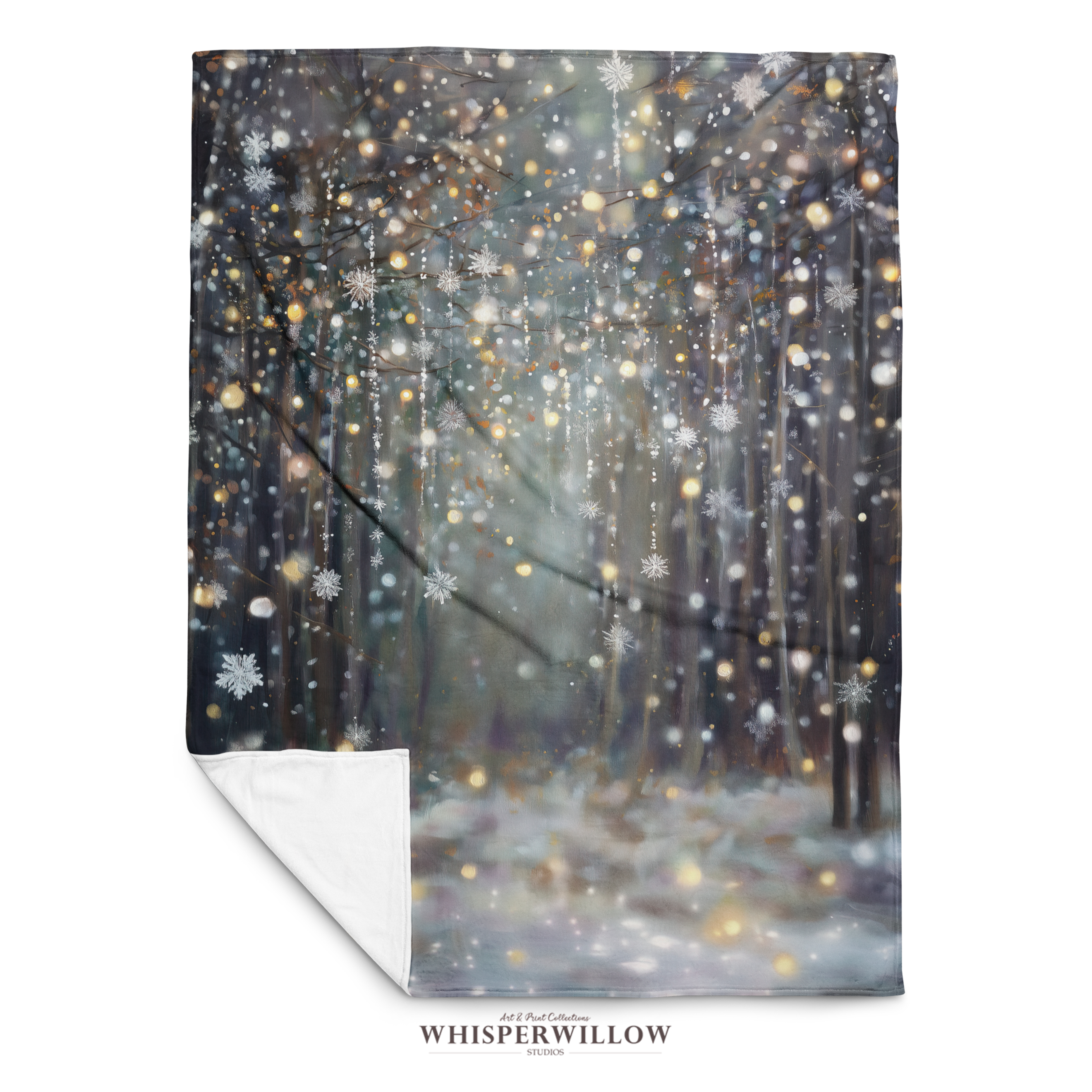 Winter Forest Snowflake Plush Throw Blanket | Glitter Look Woodland Holiday Cozy Shimmer Neutral Christmas Decor Gift