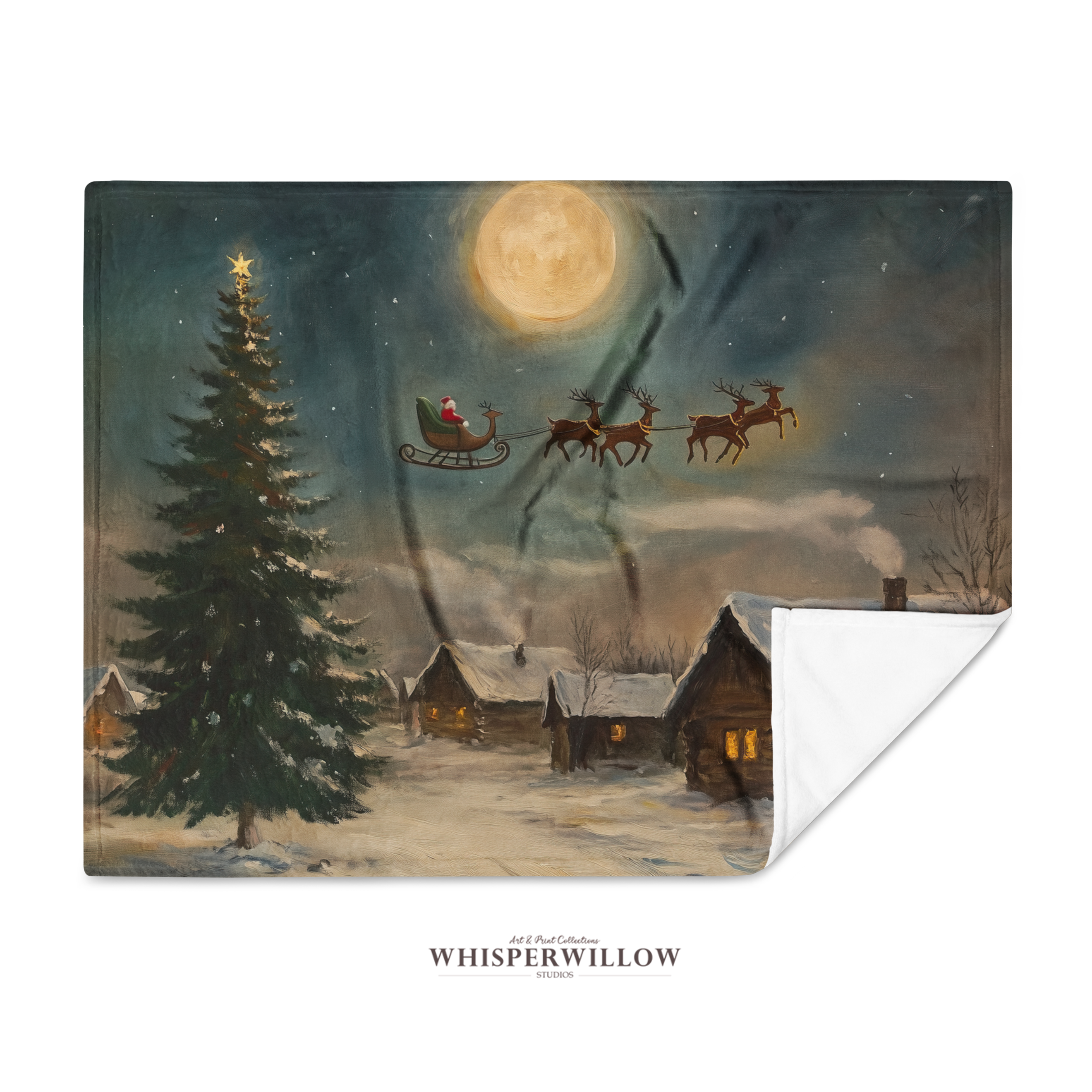 Christmas Santa Sleigh Throw Blanket - Reindeer Moonlit Village Gift