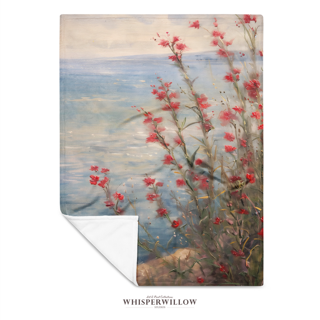 Coastal Wildflower Throw Blanket - Red Floral Seaside Ocean Gift