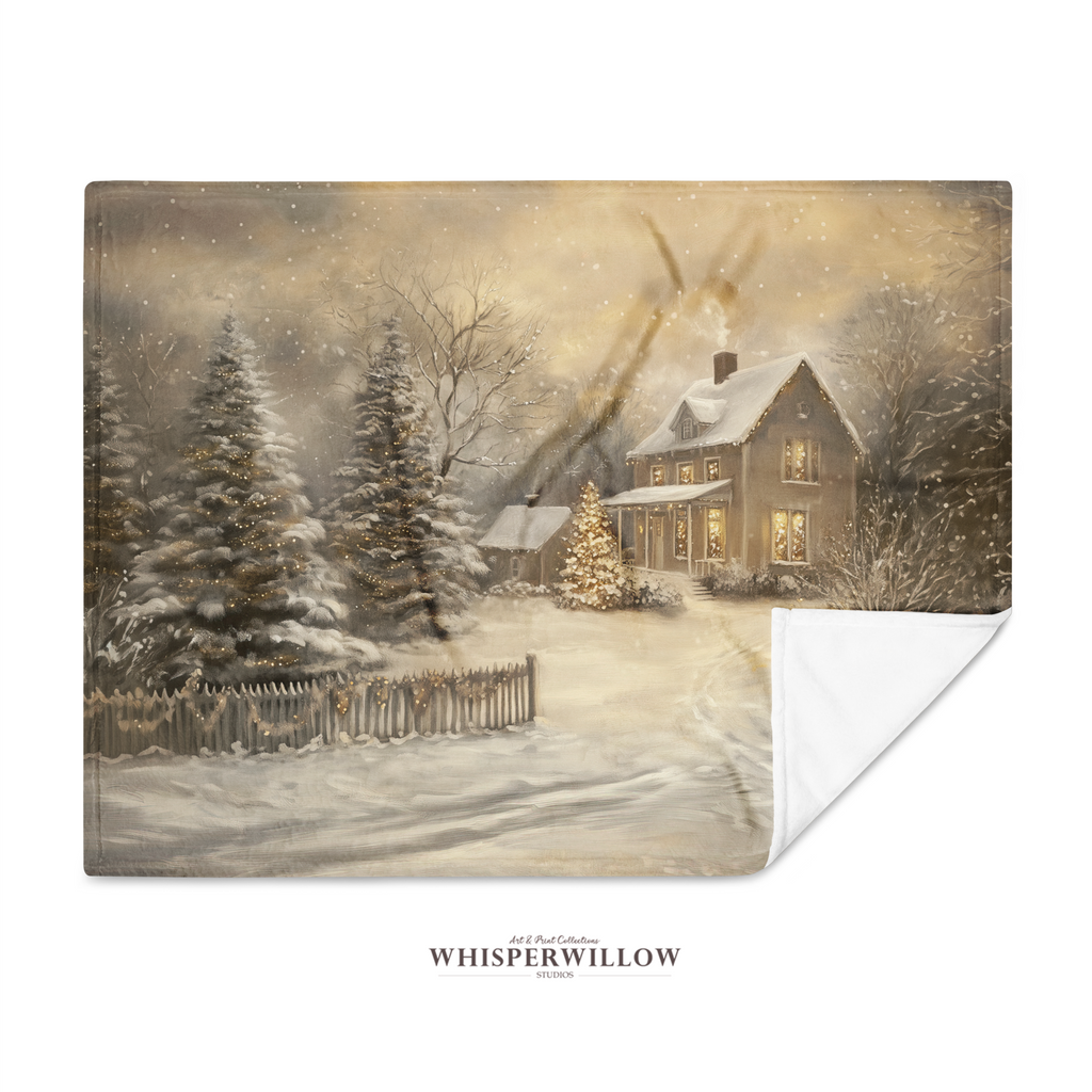 Enchanted Winter Cottage Throw Blanket - Christmas Lights Snowy Forest Gift