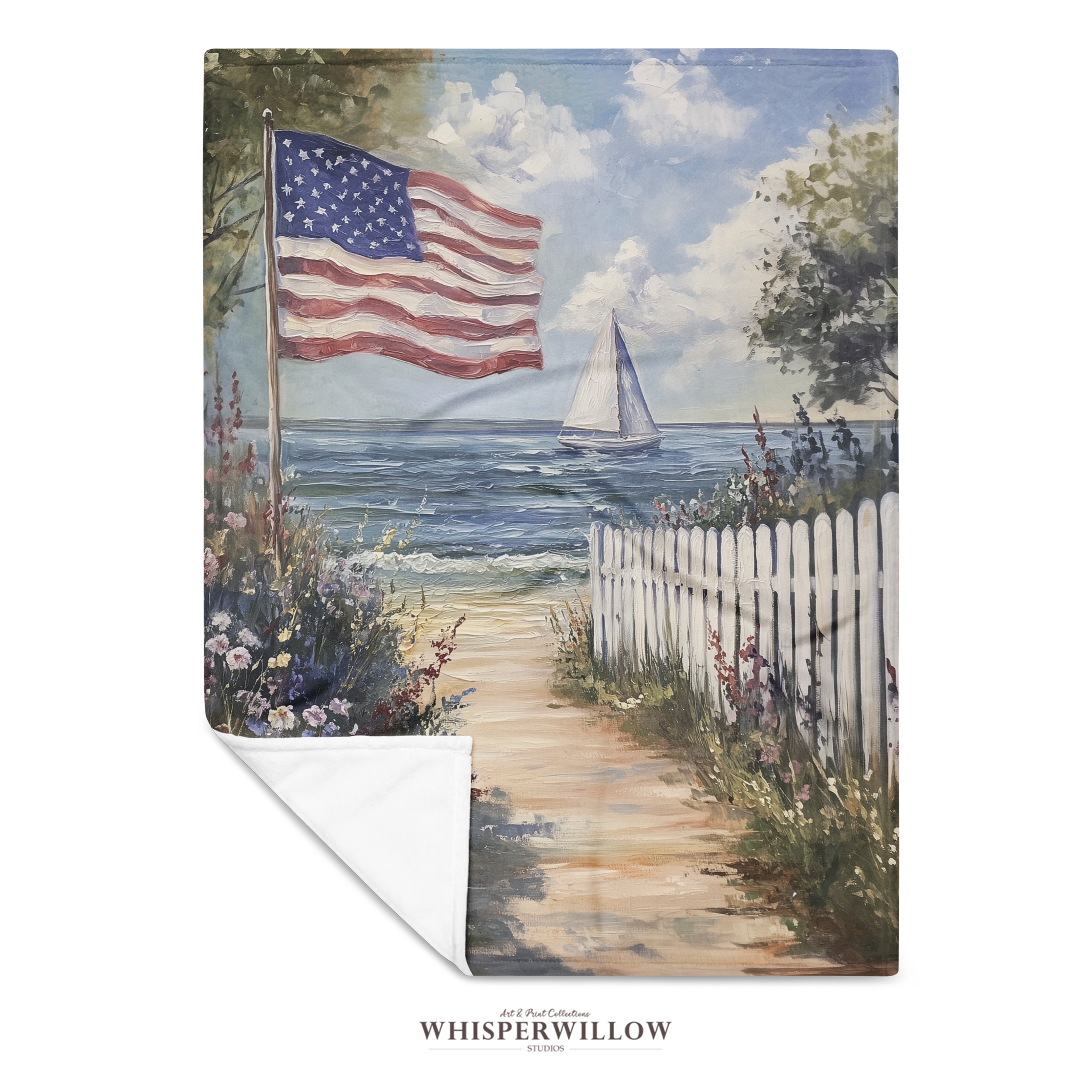Patriotic American Flag Throw Blanket - Coastal Beach Sailboat Floral Gift