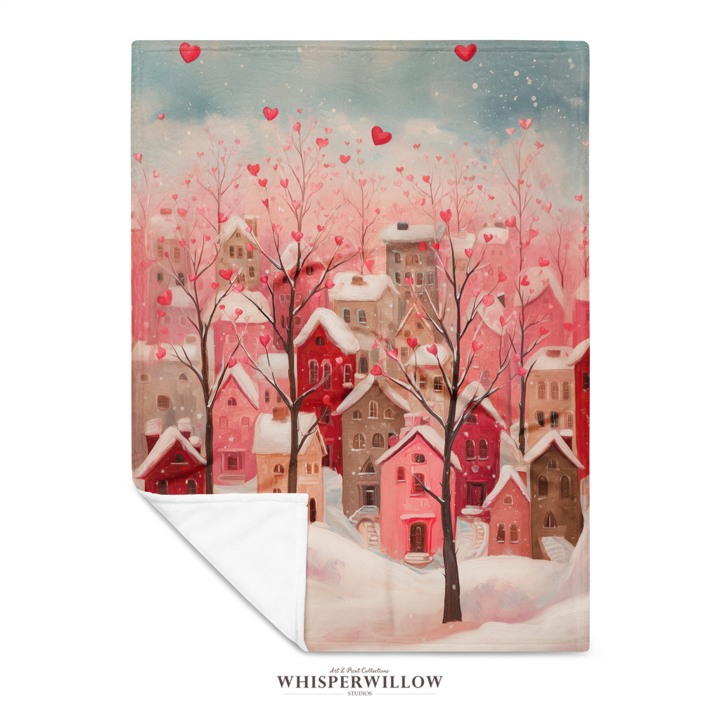 Couverture romantique et douillette « Village de la Saint-Valentin en forme de cœur » | Peluche rose représentant un village d'hiver | Cadeau romantique et réconfortant