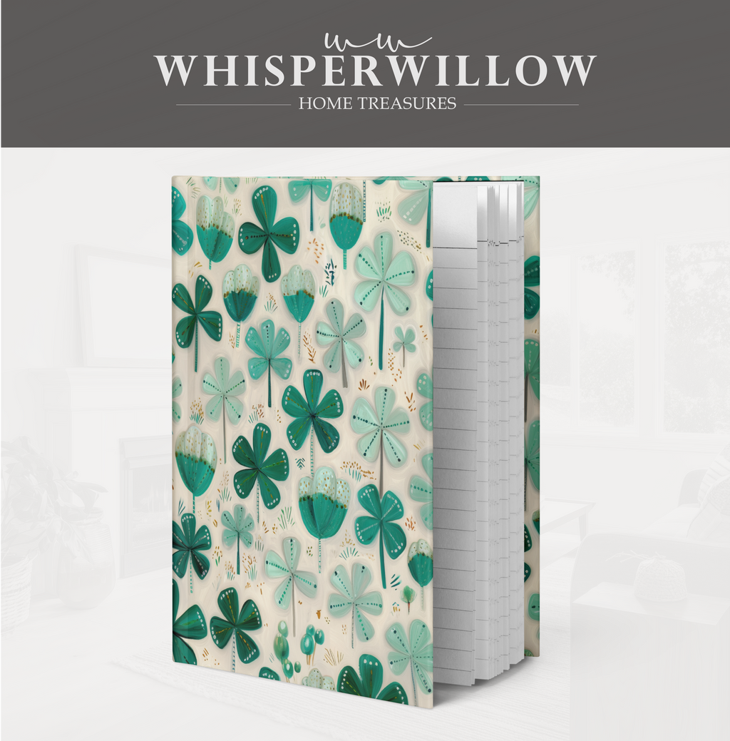 St Patrick Shamrock Hardcover Journal, Lucky Irish Botanical Clover Design, Green Teal Folk Art Notebook, 8x5.75 Lined Pages Gift