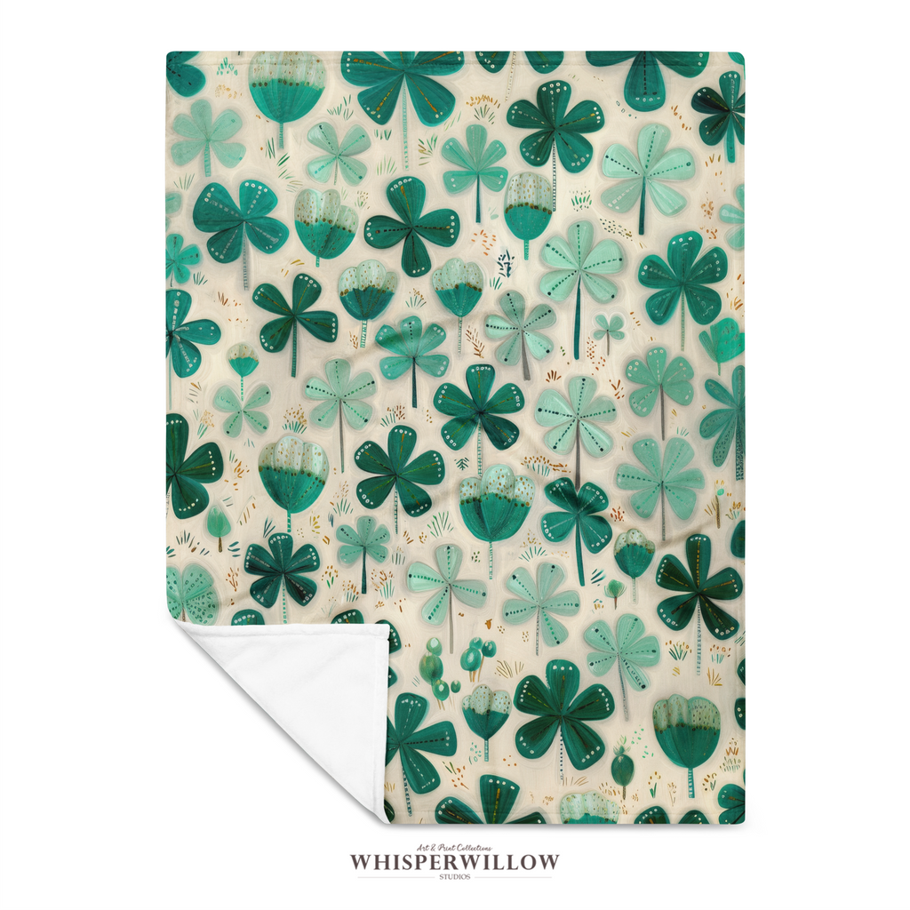 St Patrick Shamrock Clover Throw Blanket, Teal Green Floral Design, Lucky Irish Pattern, Cozy Plush Gift for Kids and Adults