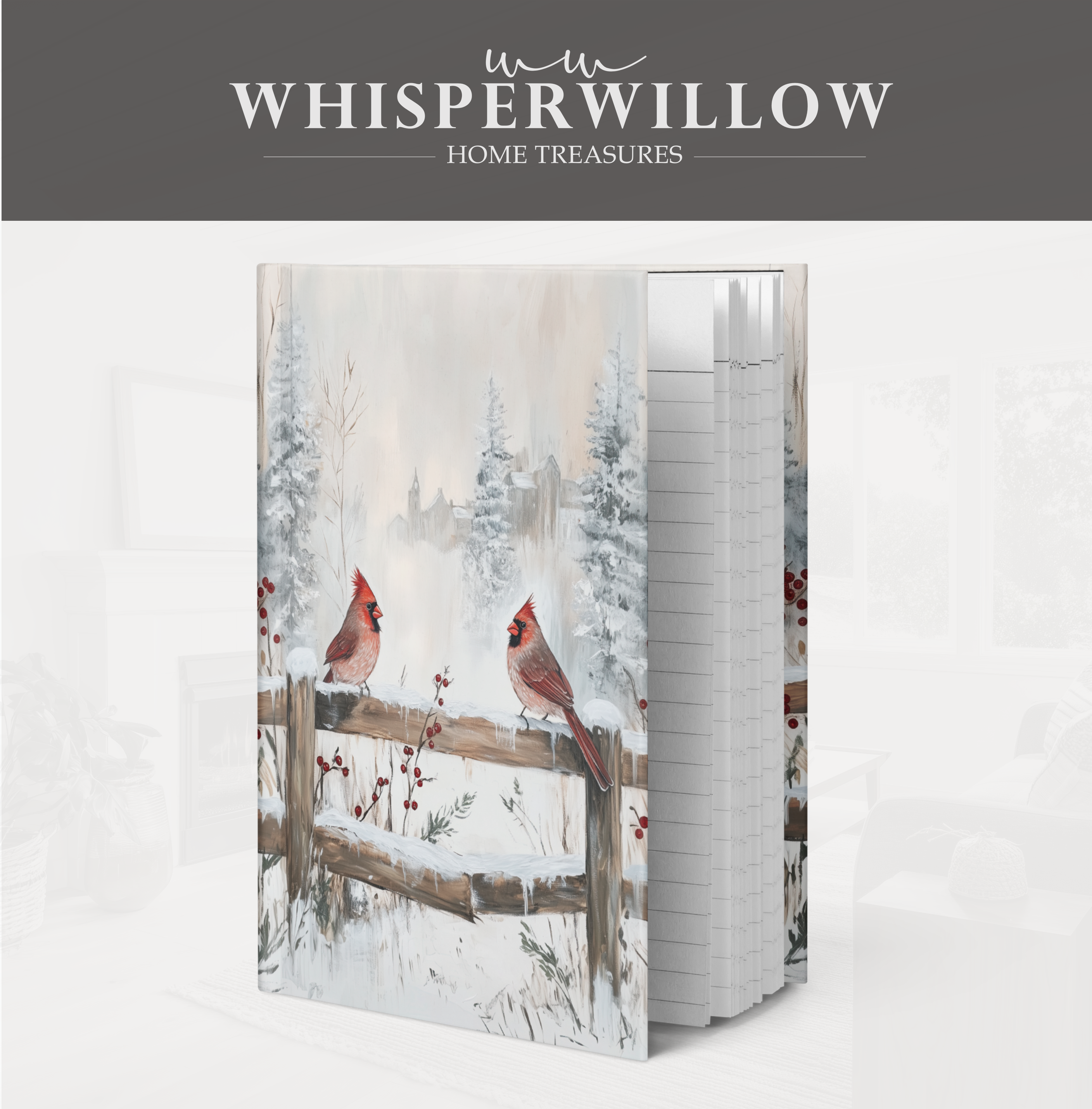 Winterkardinale Hardcover-Notizbuch – Verschneite Zaunmotive, Weihnachtsmotiv, Geschenkidee mit roten Vögeln
