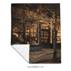 Cozy Autumn Bookstore Throw Blanket - Warm Lights Fall Tree Gift