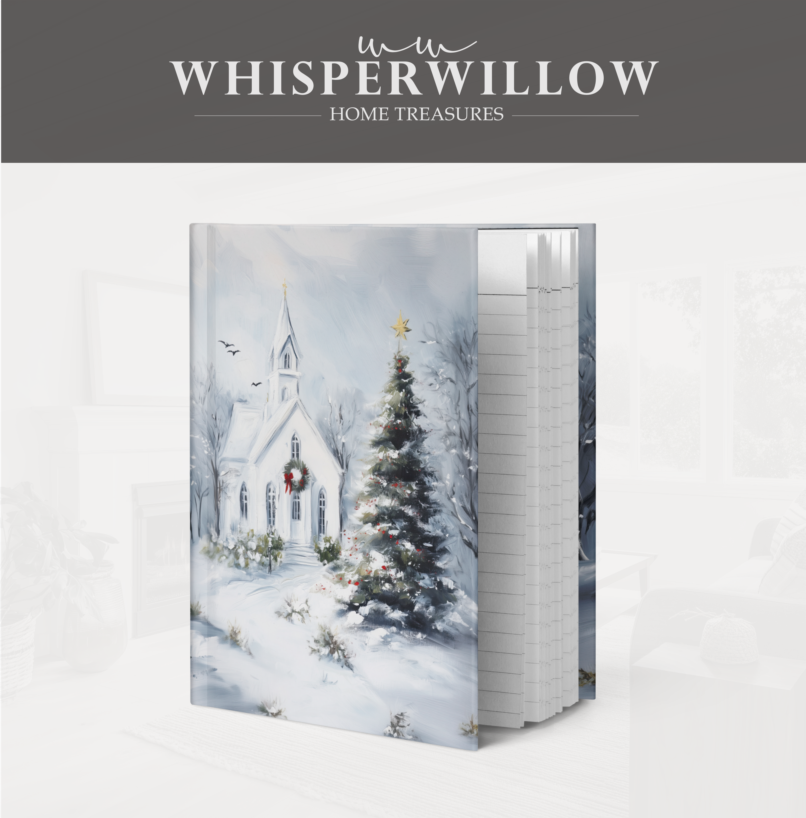Winter Church Hardcover Journal - Christmas Tree Art, Christian Holiday, Snowy Landscape Gift