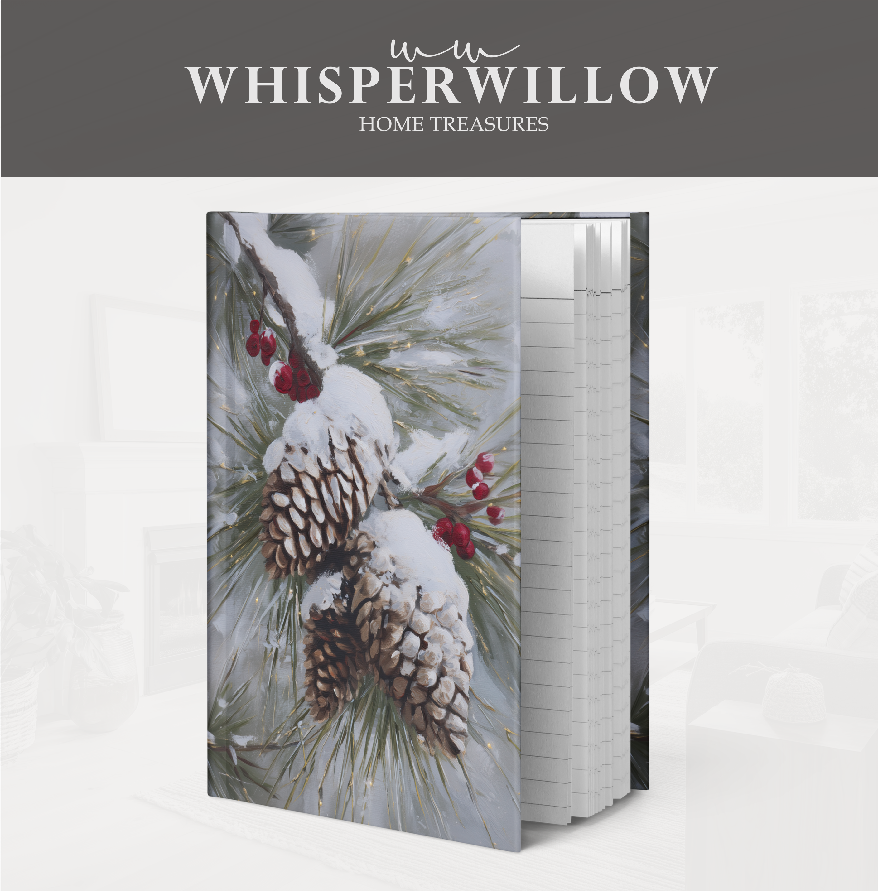 Notizbuch mit verschneiten Kiefernzapfen und immergrünen Blättern – Winterliche Naturkunst, Geschenkidee mit roten Beeren