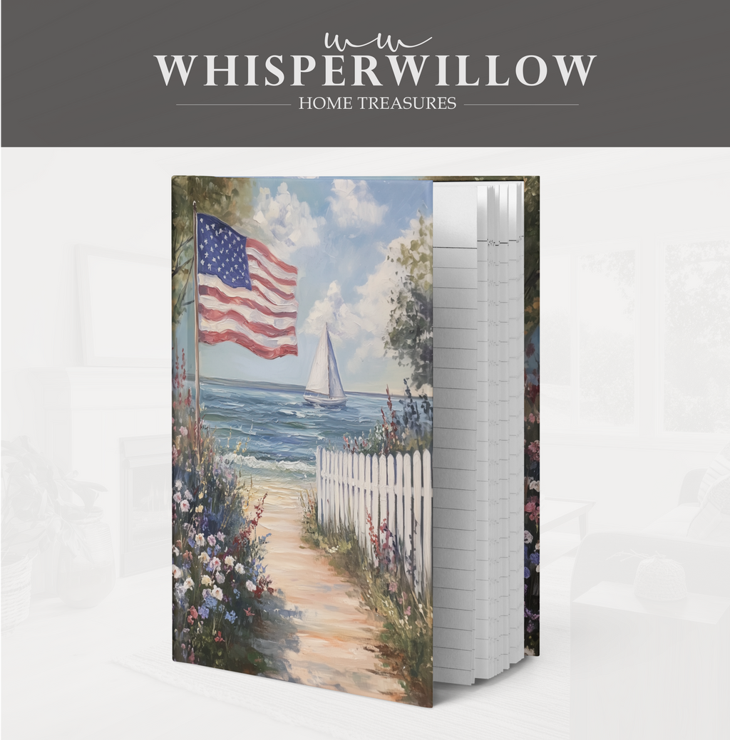 Carnet à couverture rigide drapeau américain - Motif patriotique de voilier en bord de mer, cadeau idéal pour un jardin de plage