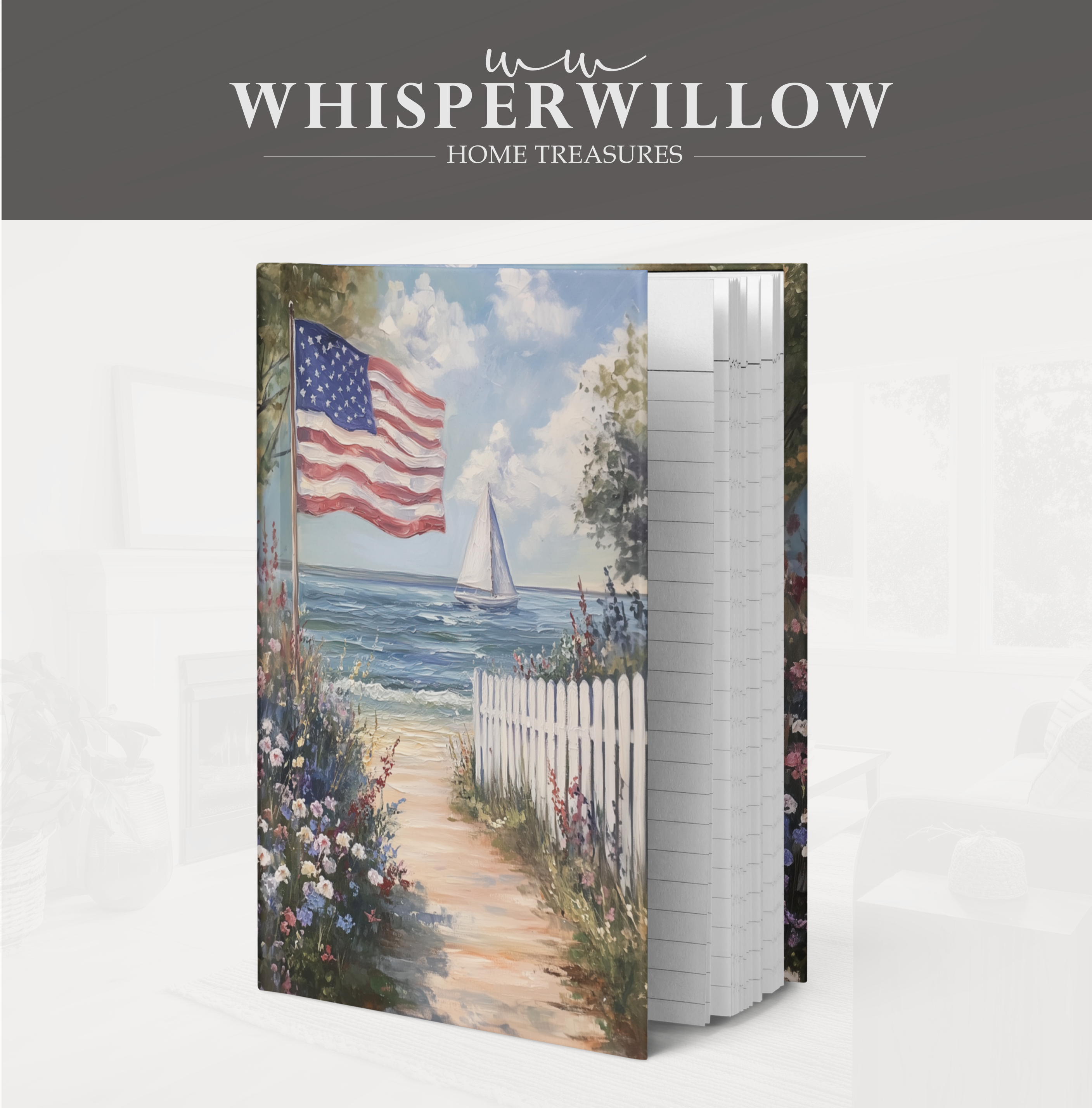 Carnet à couverture rigide drapeau américain - Motif patriotique de voilier en bord de mer, cadeau idéal pour un jardin de plage