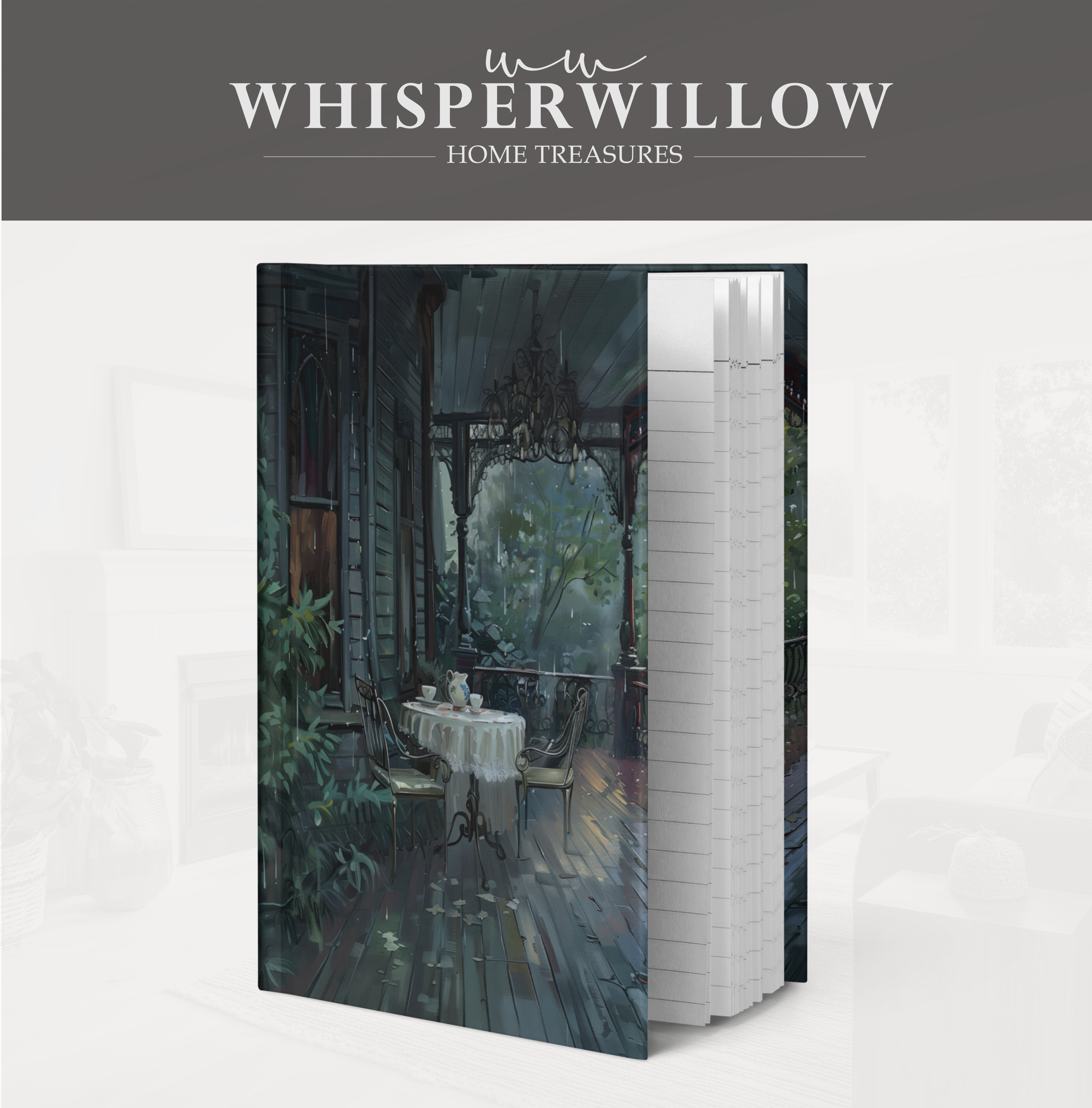 Notizbuch „Regenreiche viktorianische Veranda“ – Gotische Veranda-Teeszene, Geschenkidee für viktorianische Haushalte