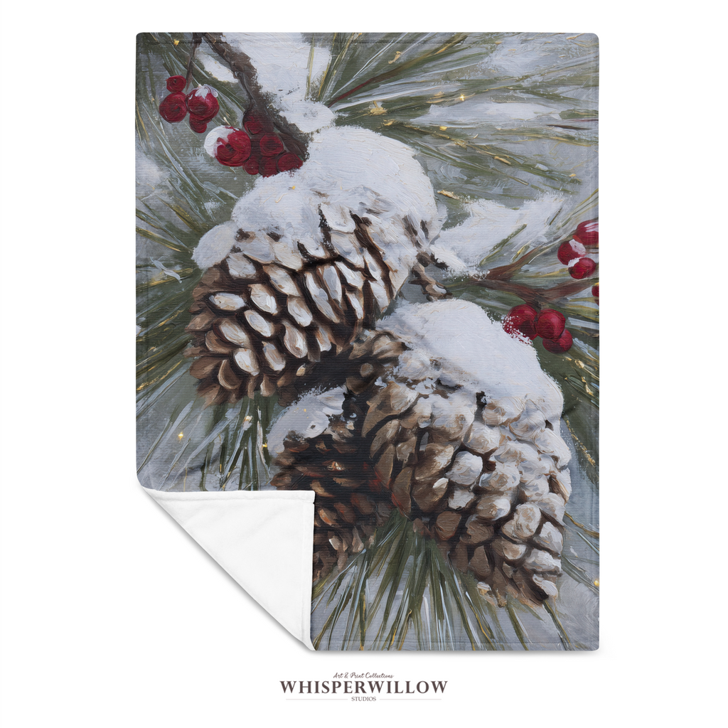 Snowy Pinecone Throw Blanket - Evergreen Red Berry Winter Gift