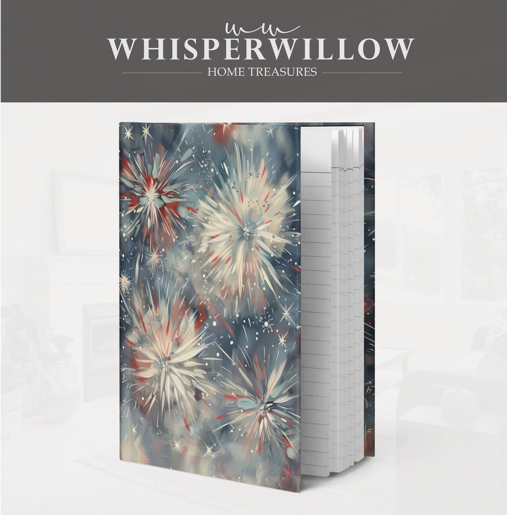 Notizbuch mit patriotischem Feuerwerksmotiv – Abstrakte Kunst mit rot-weiß-blauem Sternenmuster, Geschenkidee