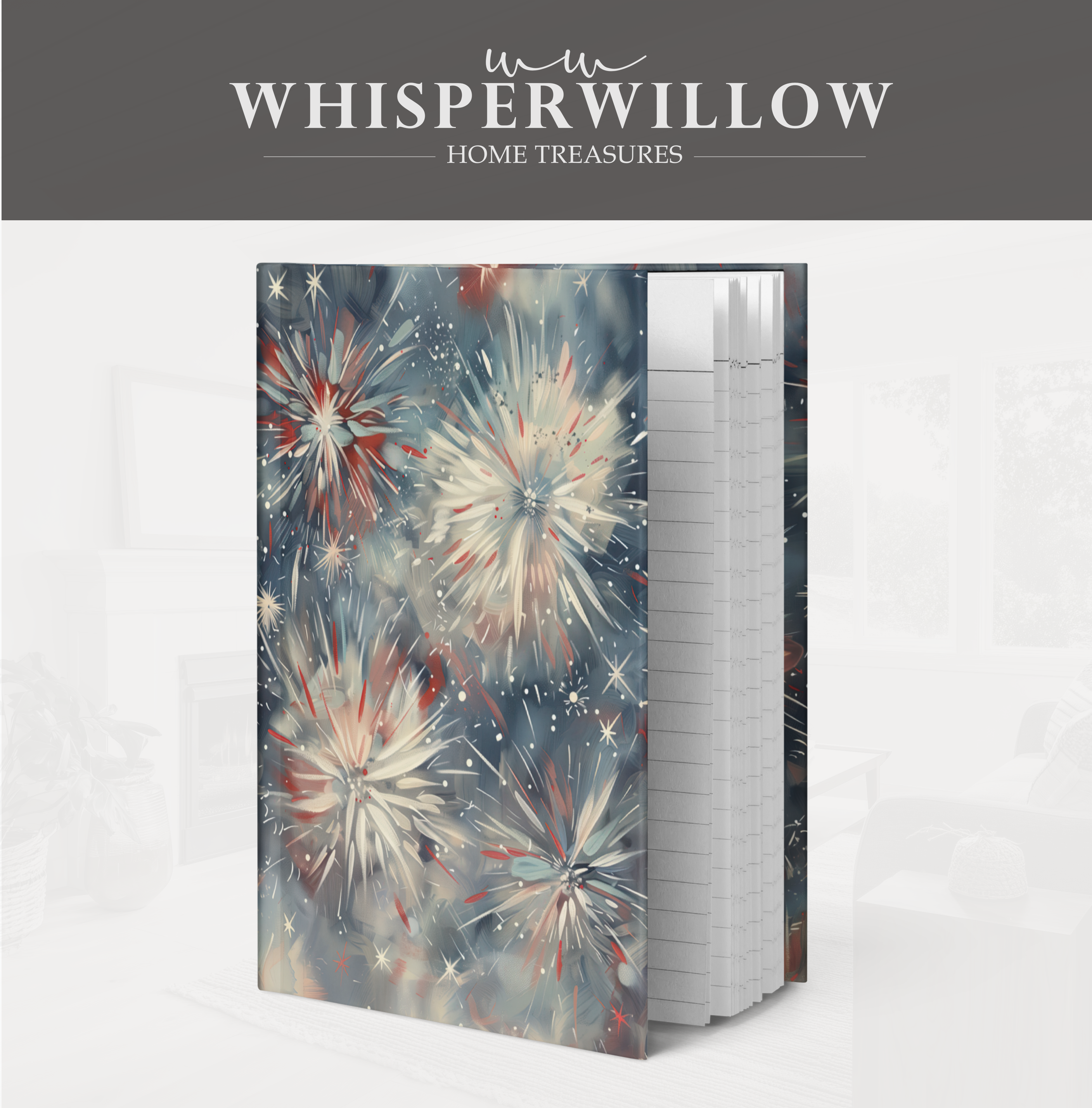 Notizbuch mit patriotischem Feuerwerksmotiv – Abstrakte Kunst mit rot-weiß-blauem Sternenmuster, Geschenkidee