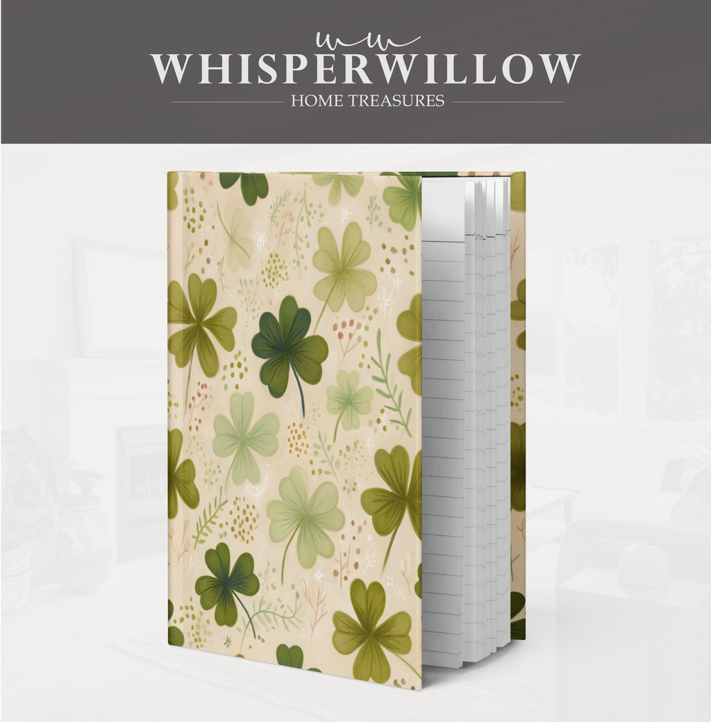 St Patrick Shamrock Hardcover Journal, Floral Clover Premium Notebook, Green Botanical Design, 8x5.75 Lined Pages Gift