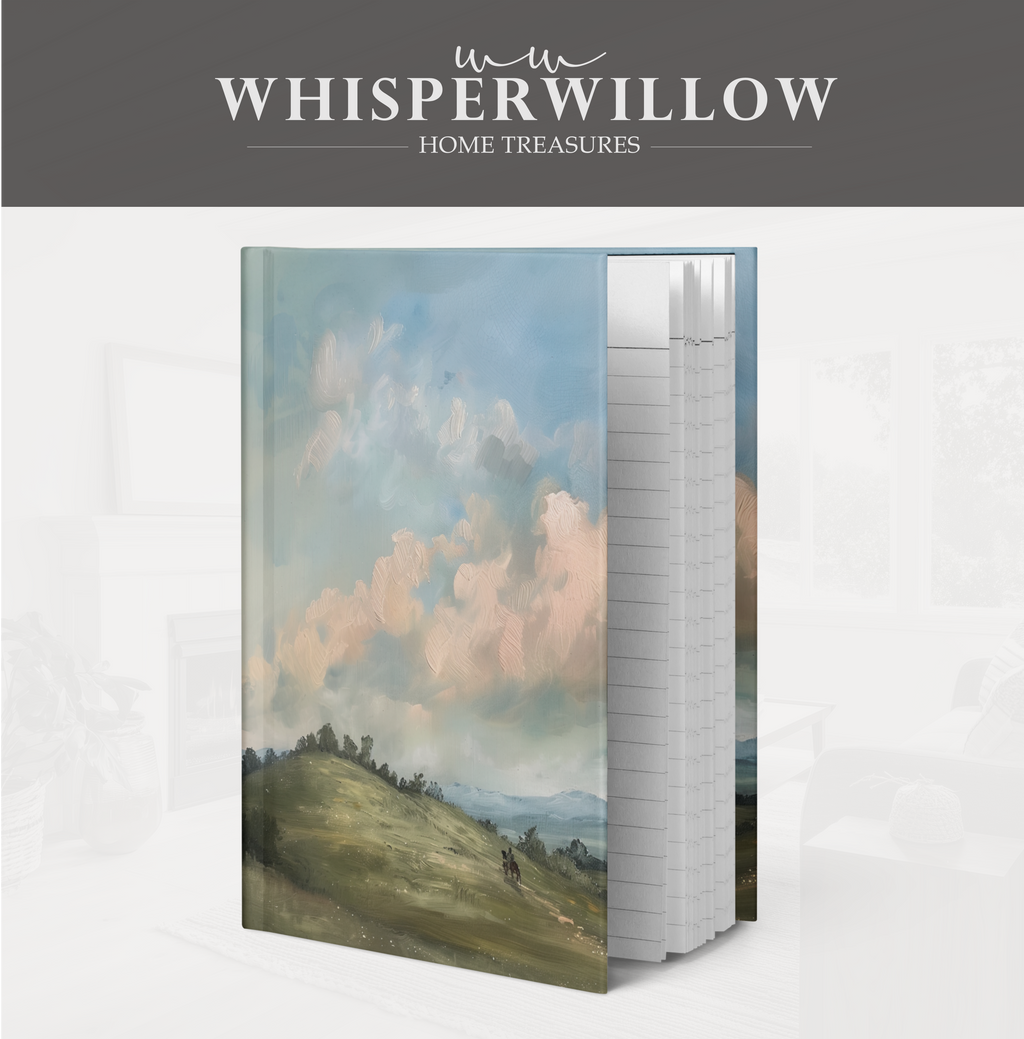 Notizbuch mit Hardcover „Hügelige Hügel und Pferde“ – Wolkenlandschaft, malerische Himmelwiese – Geschenkidee