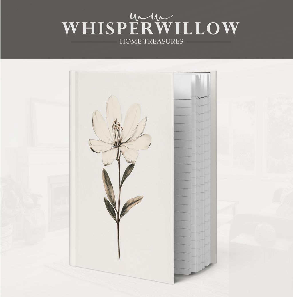 Elegantes Magnolien-Notizbuch mit Hardcover – Weiße Blütenblüte, schlichte, minimalistische Skizze, botanisches Geschenk