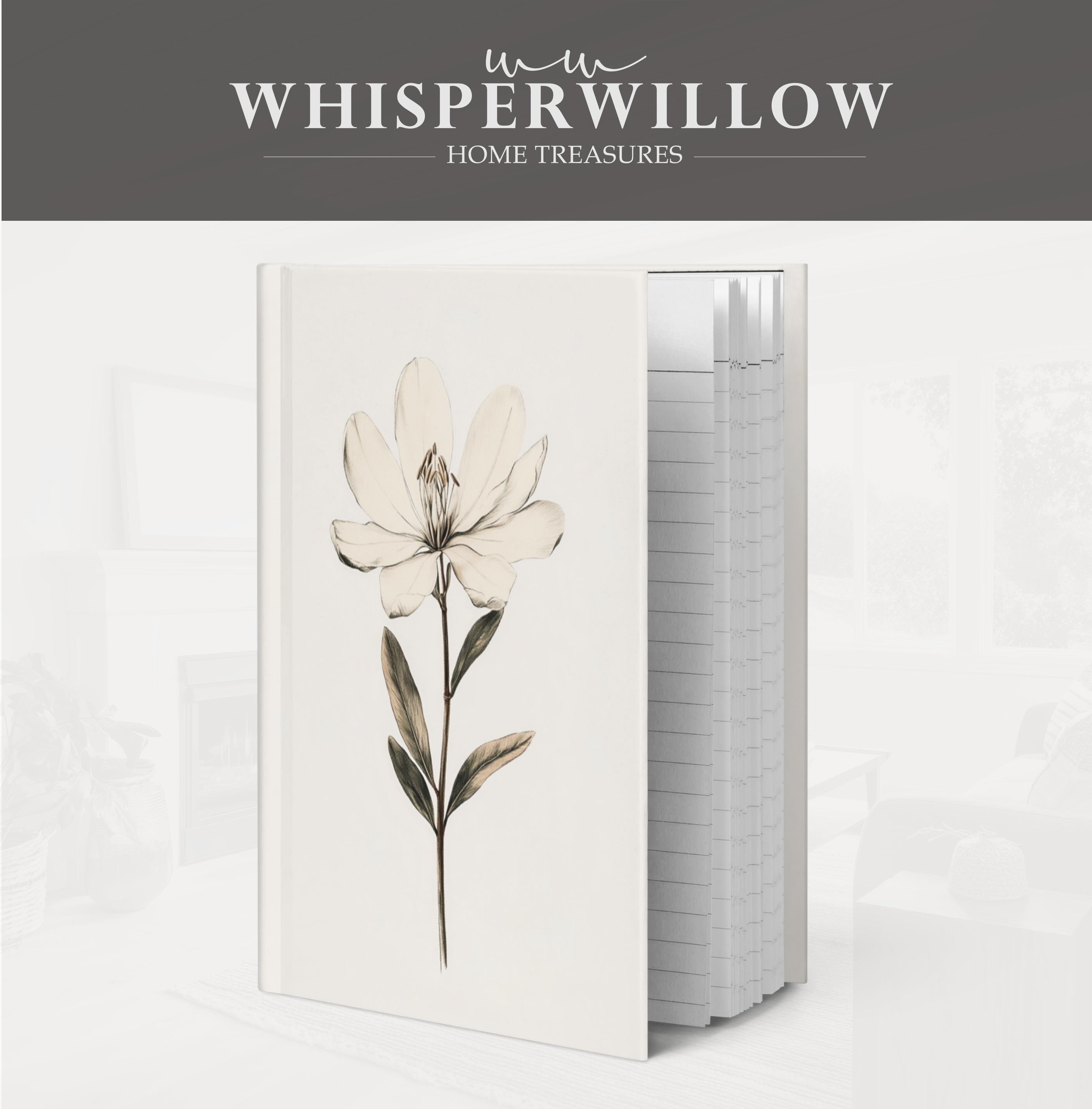 Elegantes Magnolien-Notizbuch mit Hardcover – Weiße Blütenblüte, schlichte, minimalistische Skizze, botanisches Geschenk