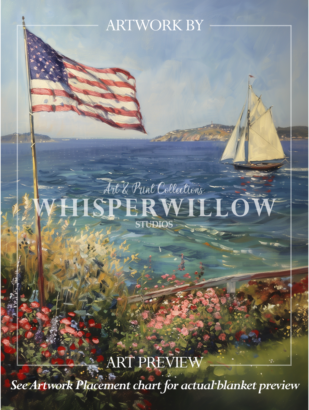 American Flag Coastal Throw Blanket - Ocean Nautical Sailboat Floral Gift