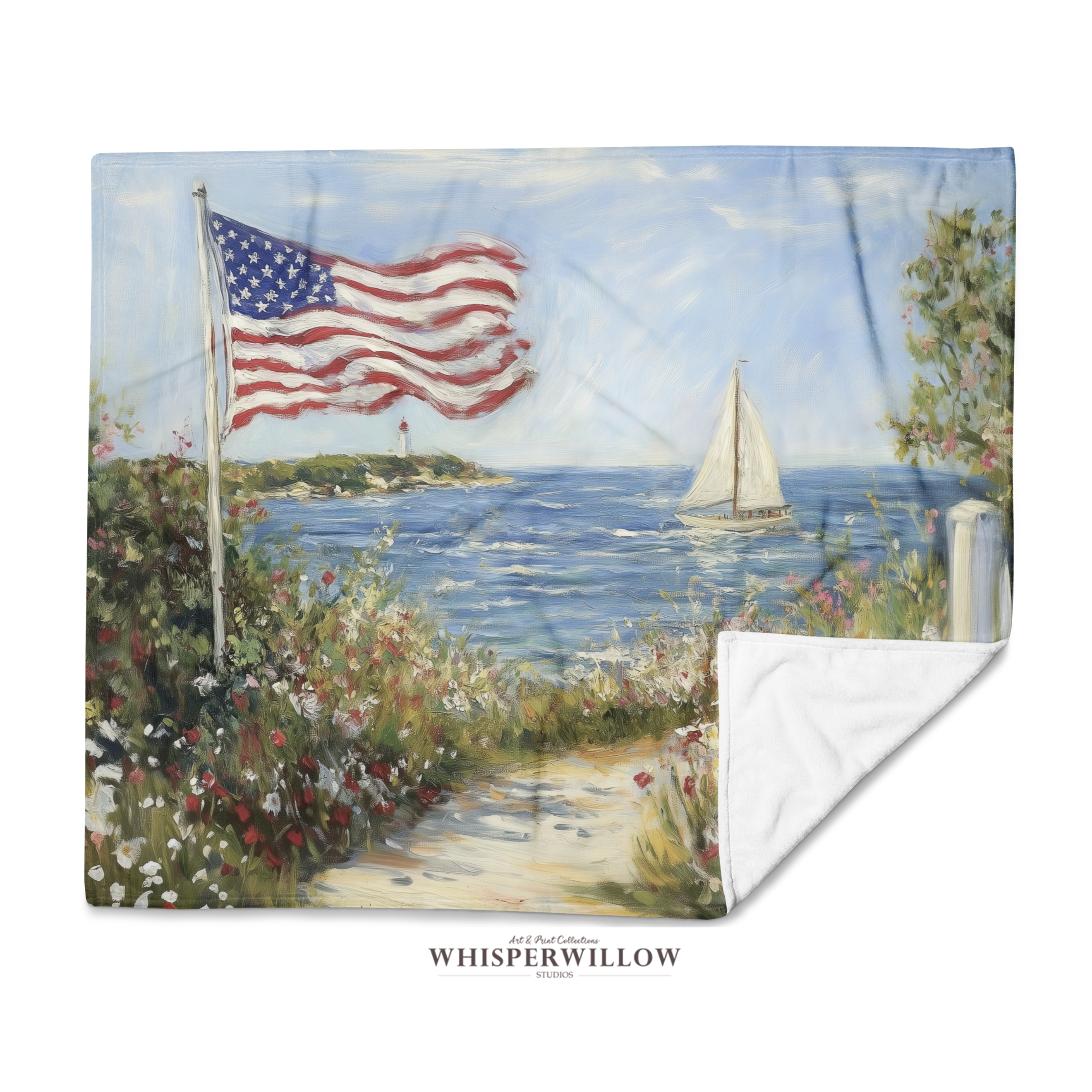 American Flag Coastal Throw Blanket - Sailboat Lighthouse Wildflower Gift