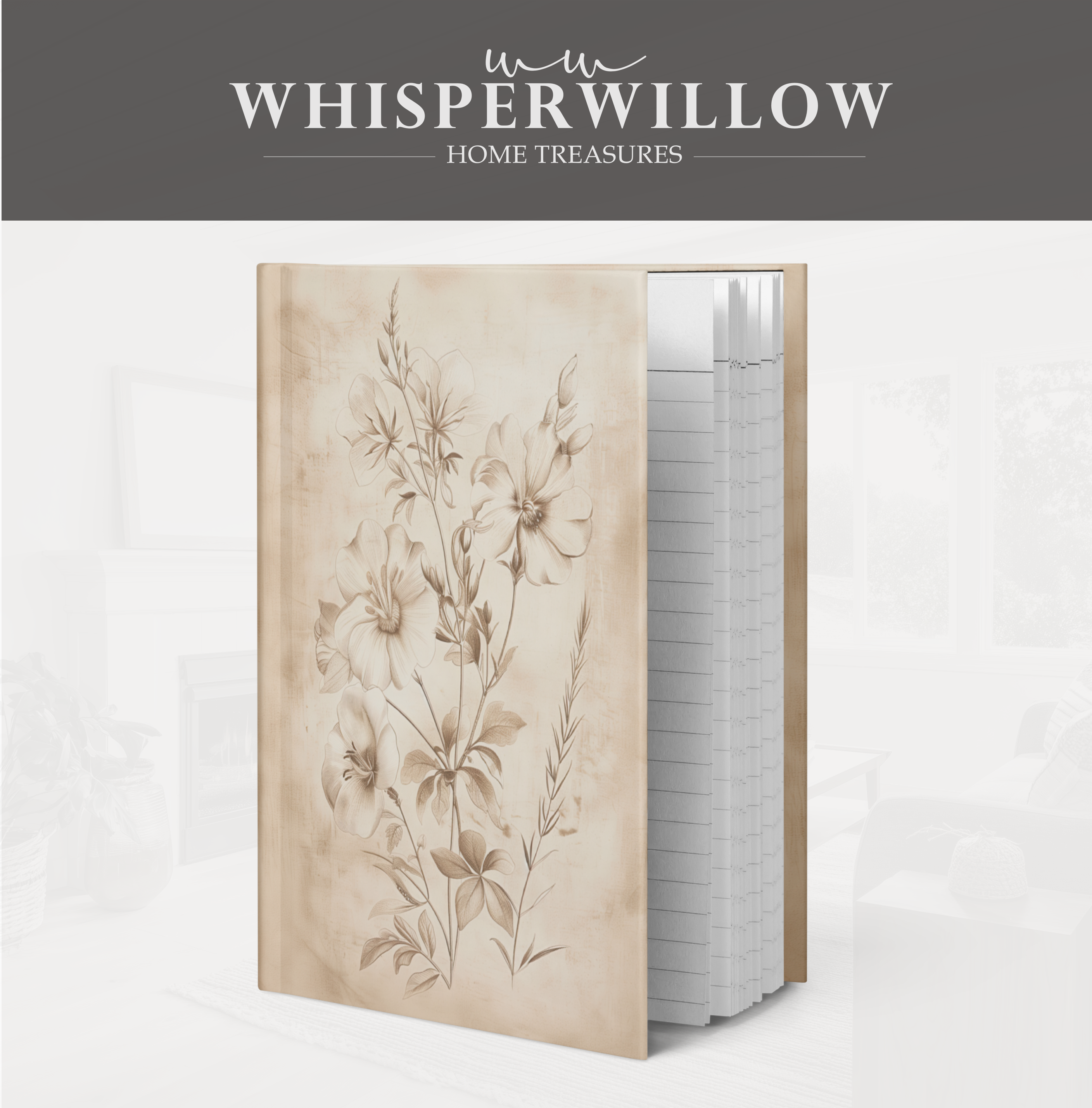 Vintage Wildblumen-Notizbuch mit Hardcover – Skizzenbuch mit floralem Muster, minimalistischem, neutralem Naturmotiv, botanisches Geschenk