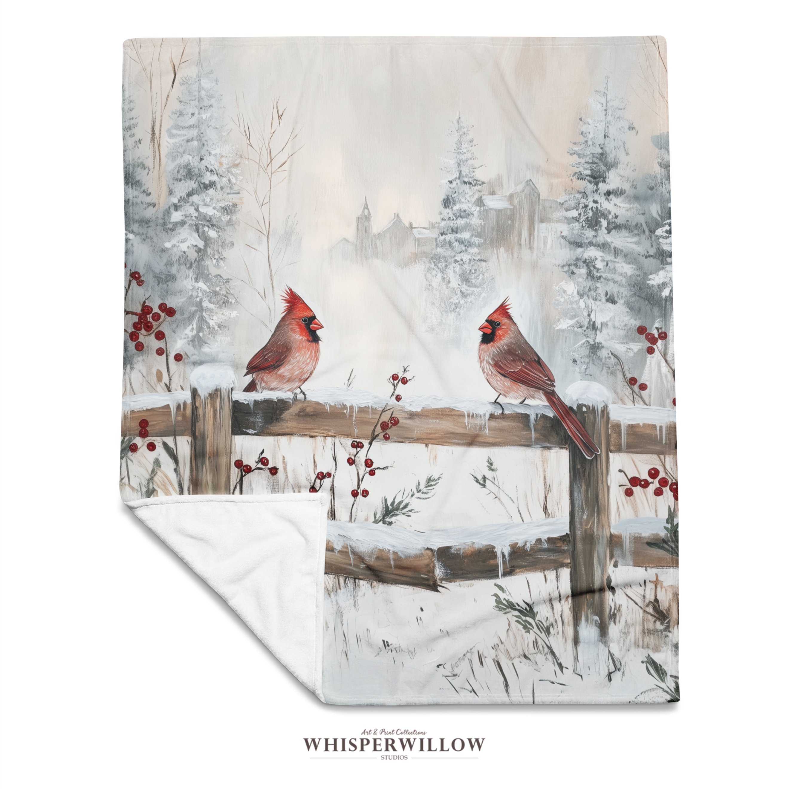 Winter Cardinal Birds Throw Blanket - Snowy Fence Rustic Gift