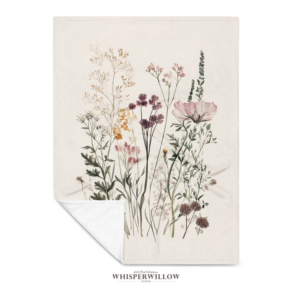 Wildflower Botanical Plush Throw Blanket | Vintage Meadow Floral Cottagecore | Neutral Garden Decor Gift