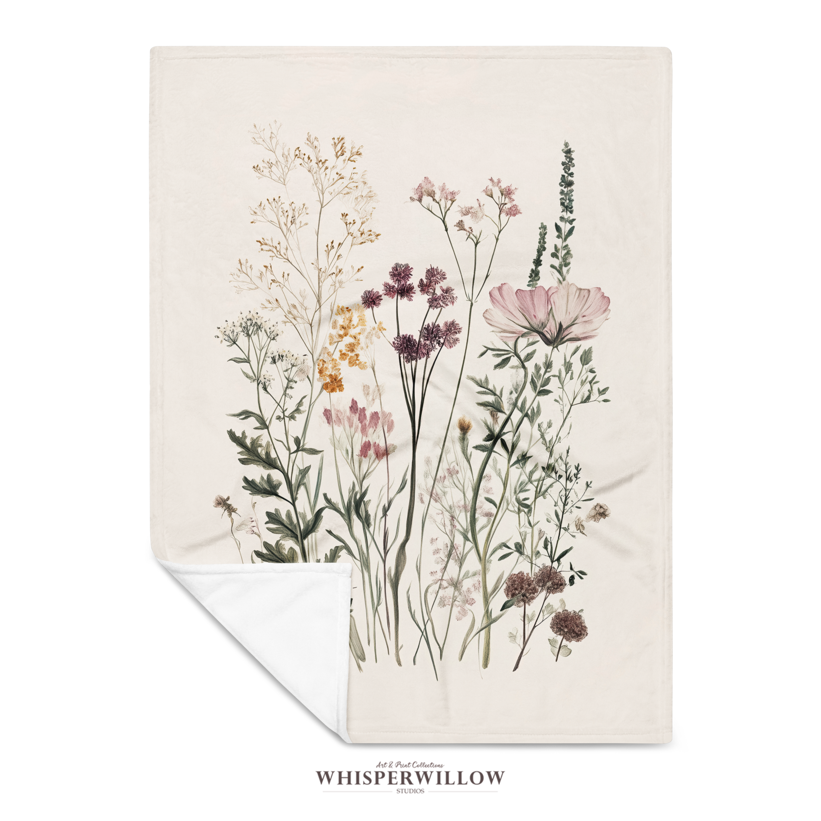 Wildflower Botanical Plush Throw Blanket | Vintage Meadow Floral Cottagecore | Neutral Garden Decor Gift