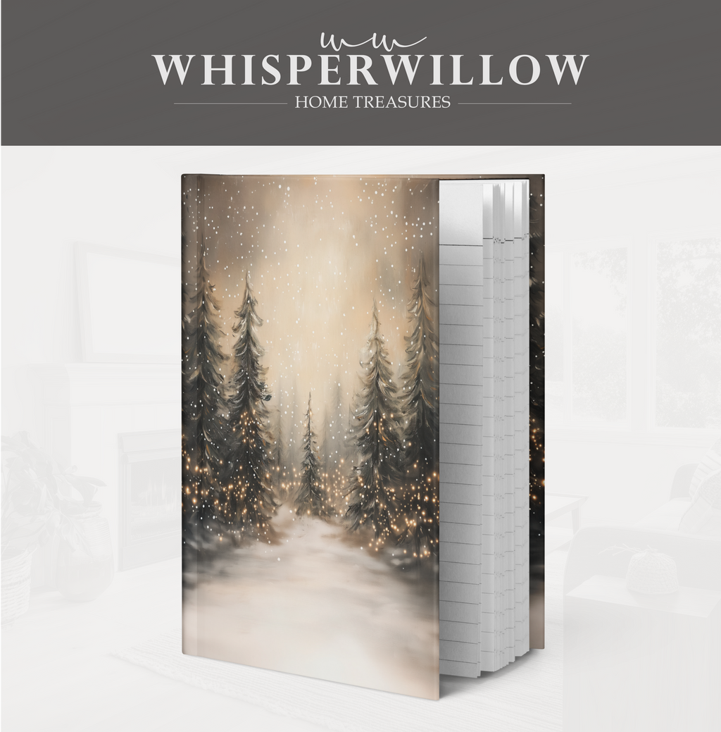 Notizbuch mit festem Einband: Winterwald mit Schneefall | Weihnachtslichter-Notizbuch | Weihnachtsgeschenk mit linierten Seiten