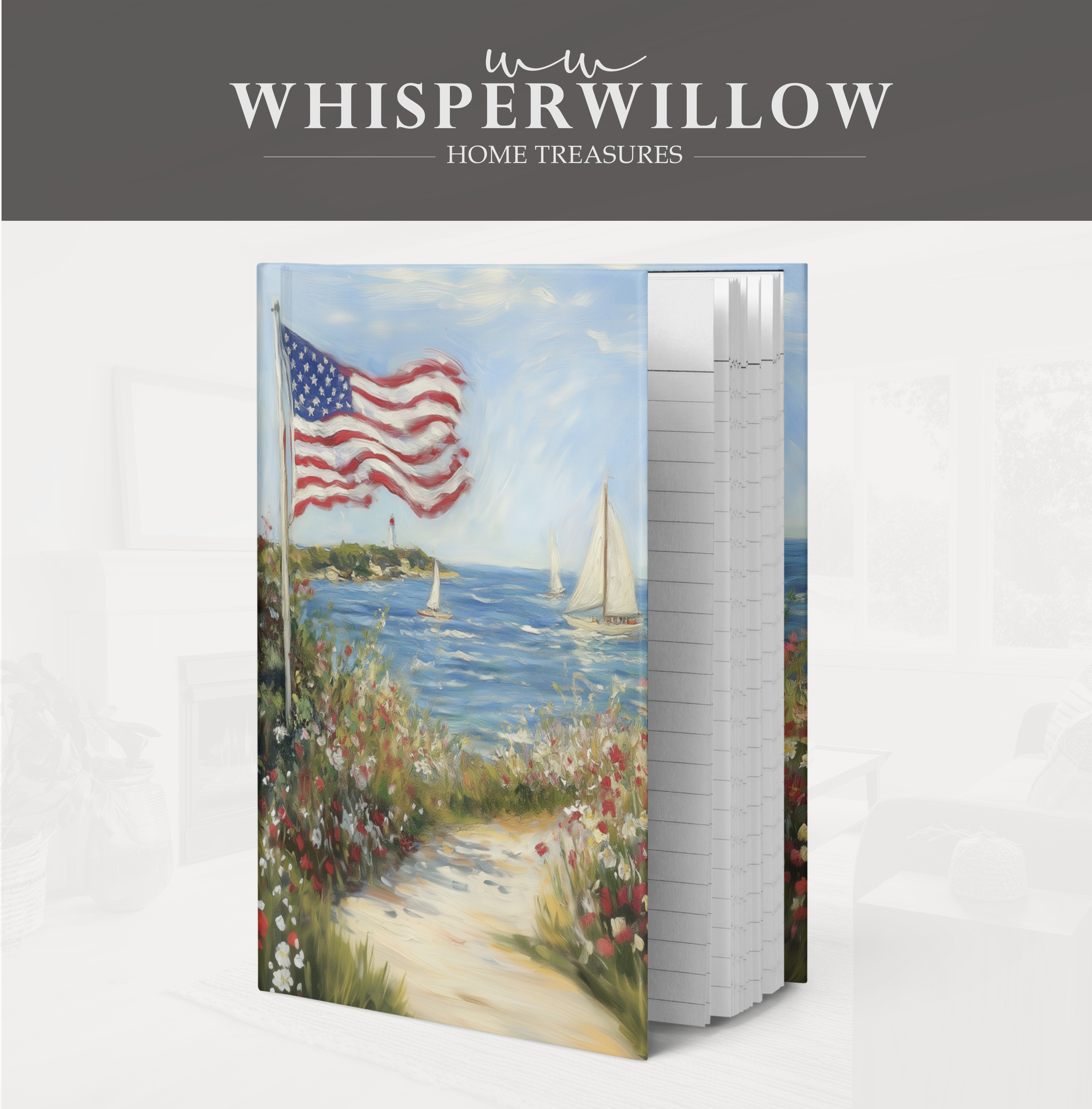 Coastal American Flag Hardcover Journal, Sailboat Wildflower Design, Independence Day Notebook, 8x5.75 Lined Pages Gift
