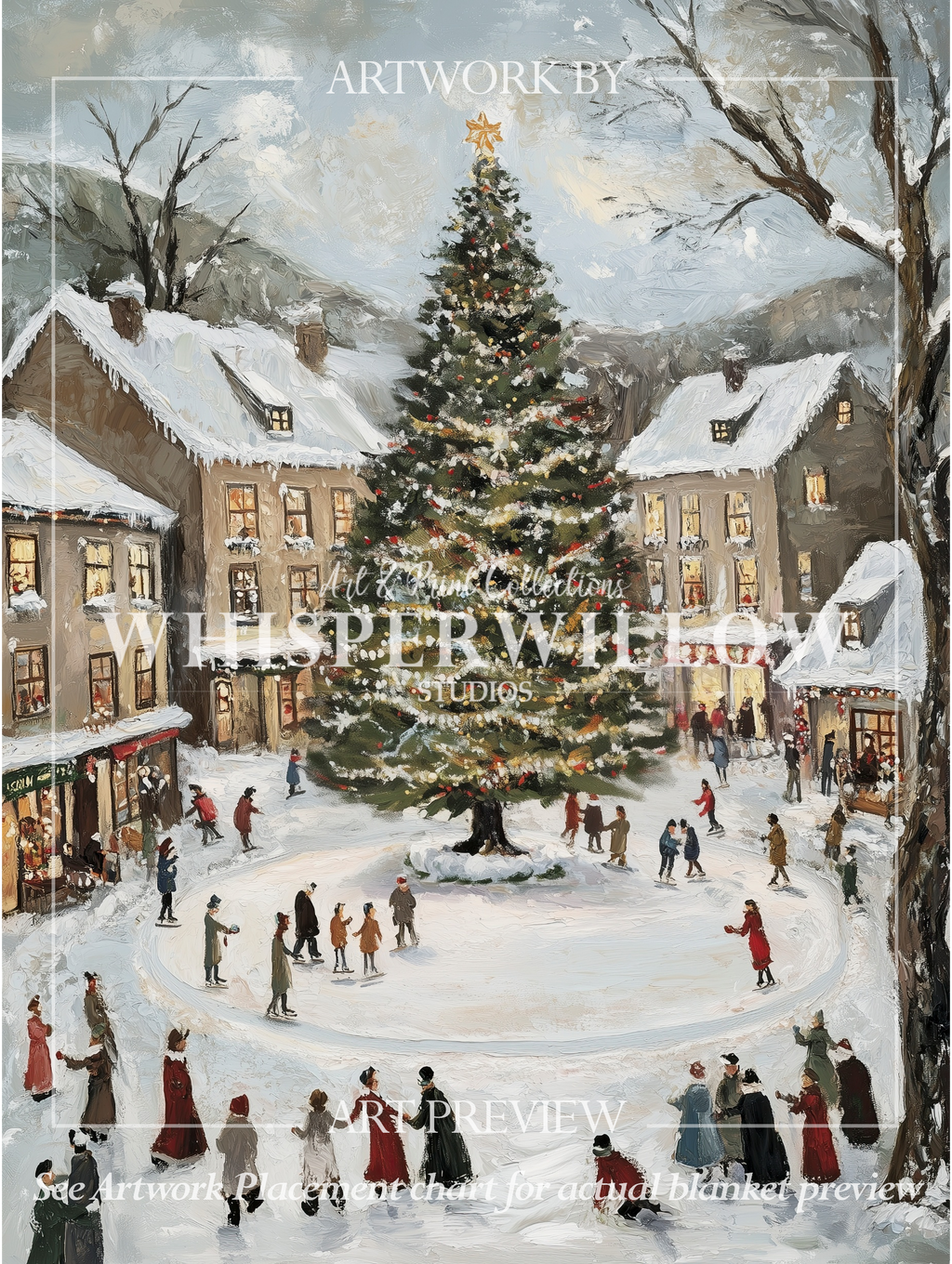 Snowy Village Christmas Throw Blanket - Winter Tree Ice Skating Gift
